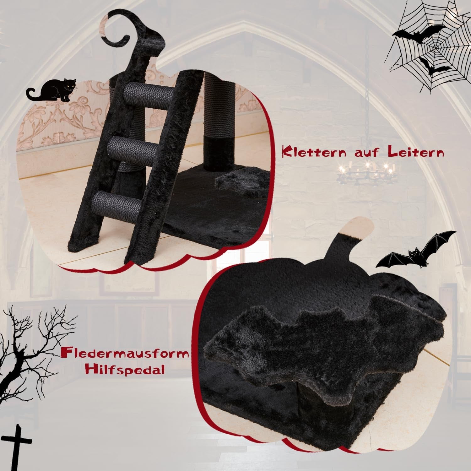 Gothic Cat Tree with Coffin Bed，55" Cat Tower with Spacious Cat Condo，Scratching Posts，Spider Hanging Ball，Multi-Level Cat Activities Furniture for Large Cats, Black Halloween