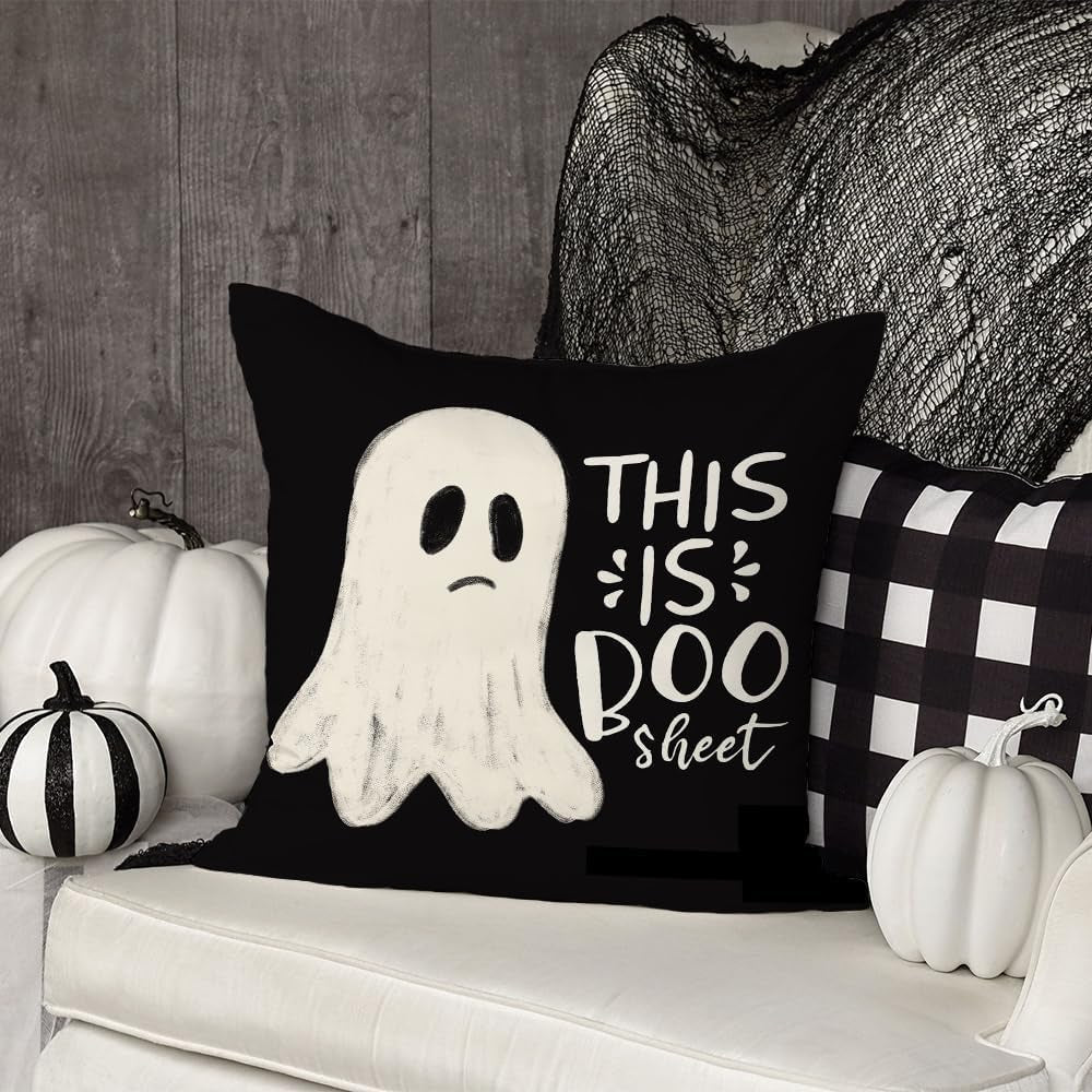 Halloween Pillow Cover 18X18 Inch Ghost Funny Halloween Saying Decoration Holiday Farmhouse Pillow Case Decor for Home Sofa Couch Indoor Outdoor AA188-18