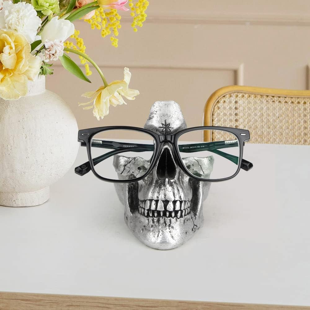 Skull Glasses Stand Holder, Creative Eyeglasses Holder, Sunglasses Spectacle Display Rack, Key Holder Resin Sculptures for Entryway, Home, Office, Desk, Nightstand (Silver)