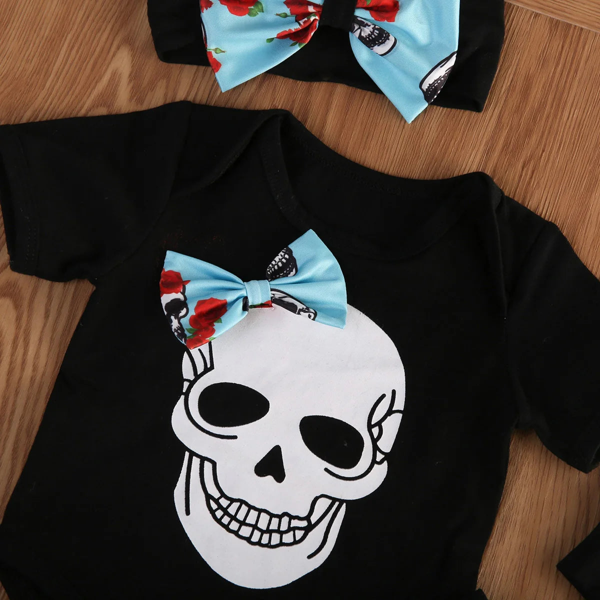 4Pcs Newborn Infant Halloween Baby Boy Clothes Jumpsuit Skull Bodysuit + Long Pants Outfit Headwear Set 0-24M