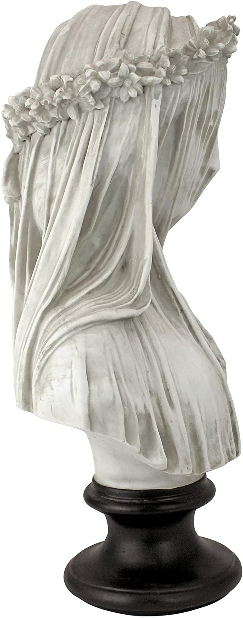 Veiled Maiden Indoor Bust Statue, 9 Inches Wide, 14 Inches Tall, Handcast Polyresin, Antiqued White Finish with a Black Painted Base