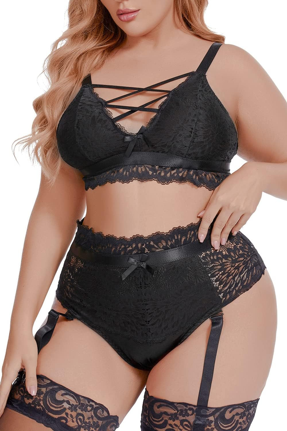 plus Size Lingerie for Women - Sexy Luxe Criss-Cross Bra Lace Cup Classic Underwear High Waisted Suspender Set