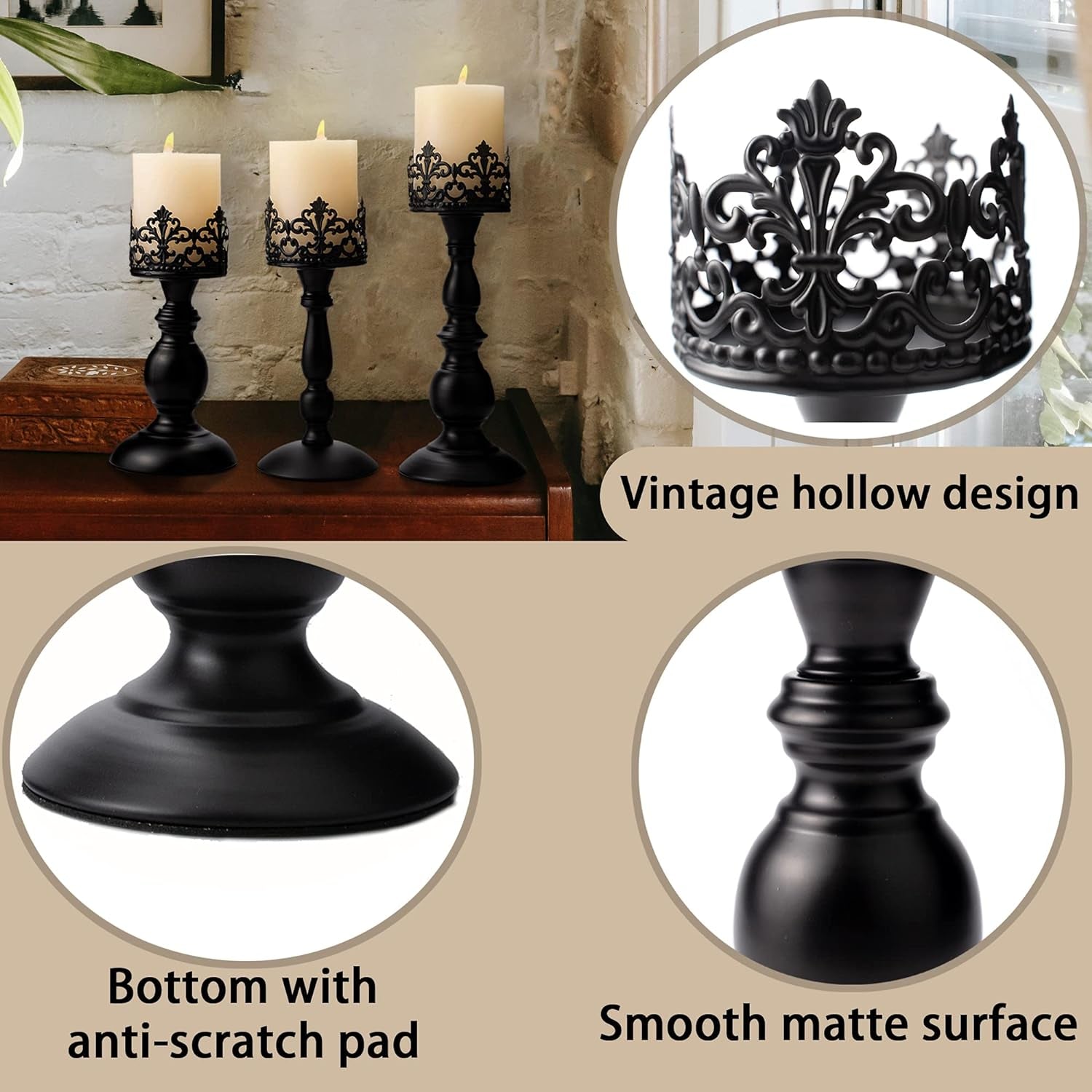 Vintage Pillar Candle Holders for Table Centerpiece Set of 3-11'' 9'' 8'' - Matte Black Metal Candle Stands Decorative - Candle Centerpiece for Table Fireplace Decor - Gothic Candle Holder