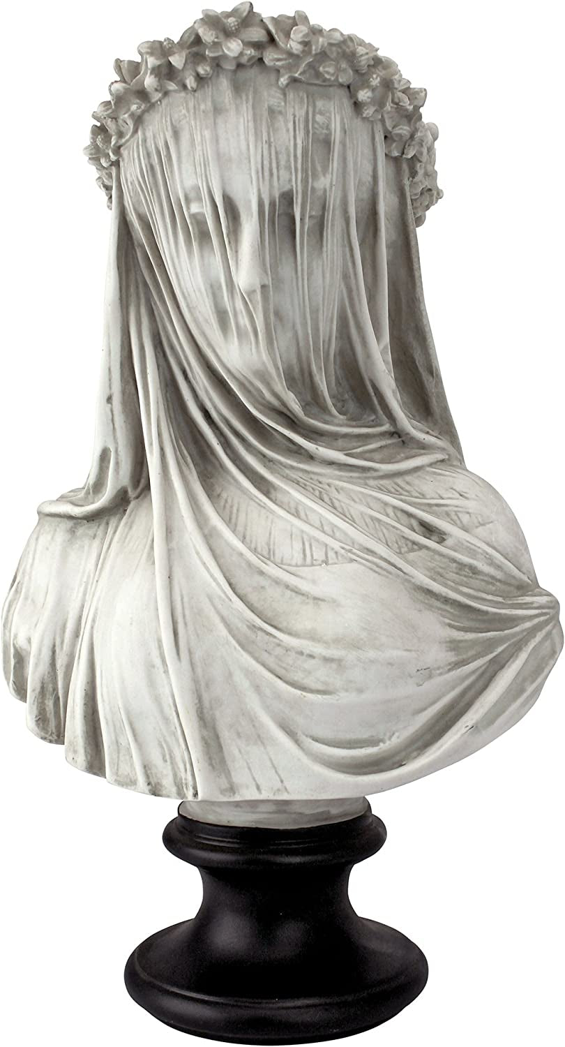 Veiled Maiden Indoor Bust Statue, 9 Inches Wide, 14 Inches Tall, Handcast Polyresin, Antiqued White Finish with a Black Painted Base