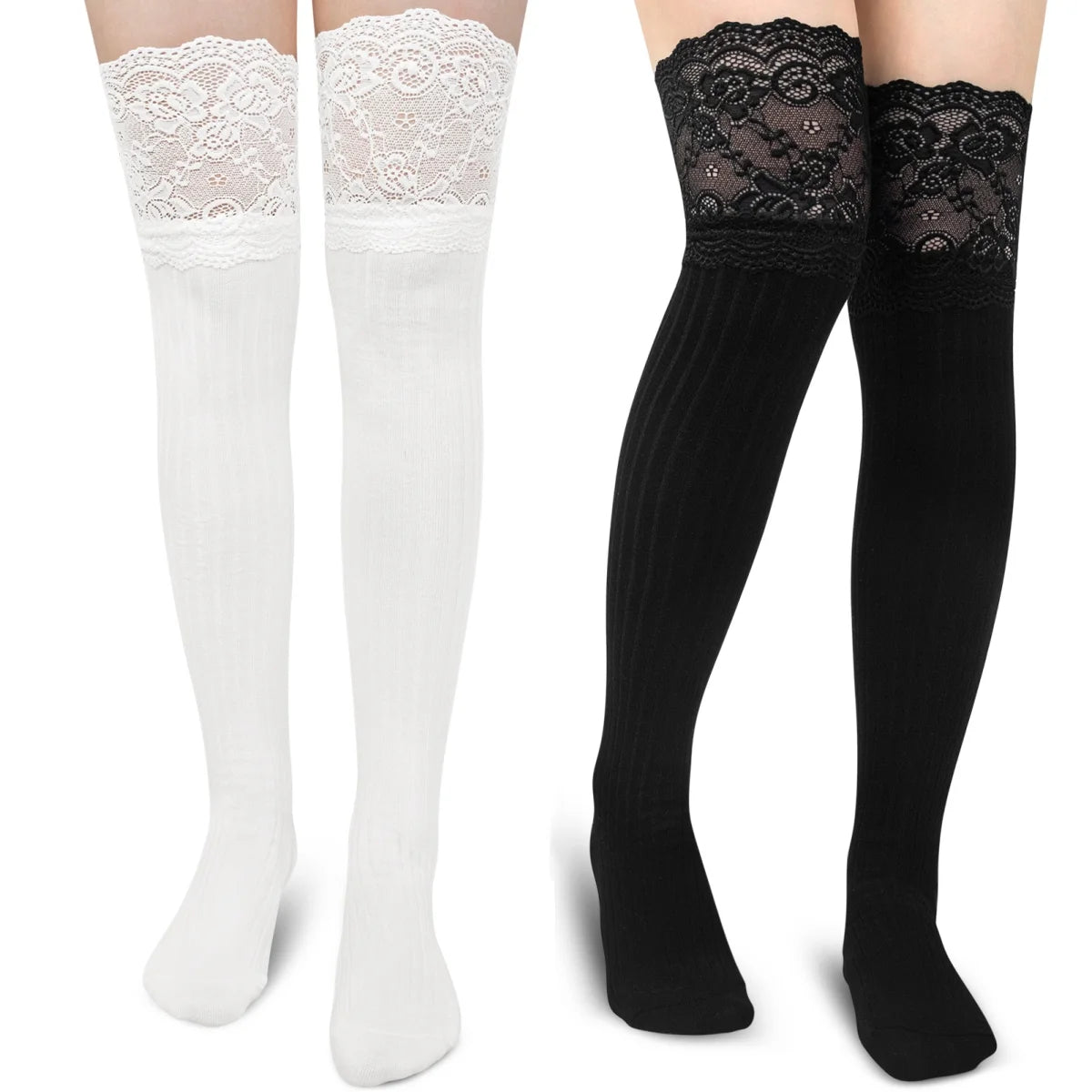 Women Thigh High Socks over the Knee Cotton Knit Long Socks Leg Warmer with Lace Trim, 2 Pairs