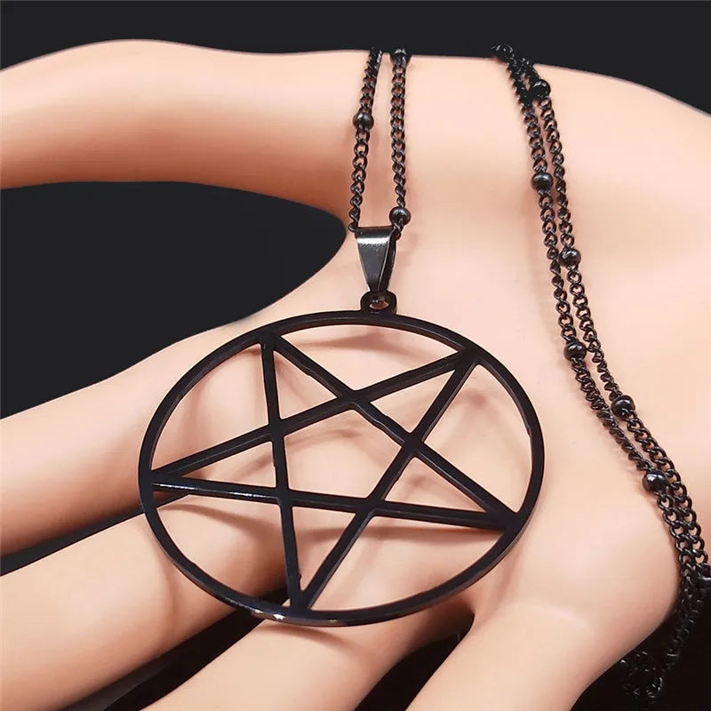 Fashion Witchcraft Satan Pentagram Stainless Steel Chain Necklace Women Black Color Charm Big Necklace Jewelry N3672S03