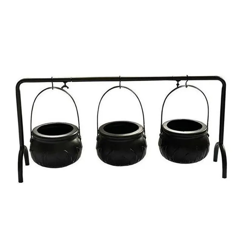 Set of 3 Witches Cauldron Serving Bowls on Rack - Black Plastic Witches Candy Bucket Cauldron for Halloween Party Decoration