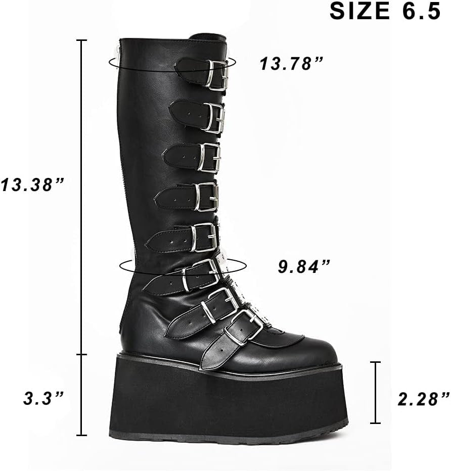 Womens Chunky Platform Knee High Boots High Heel Round-Toe Zip Punk Goth Mid Calf Combat Boots for Women…