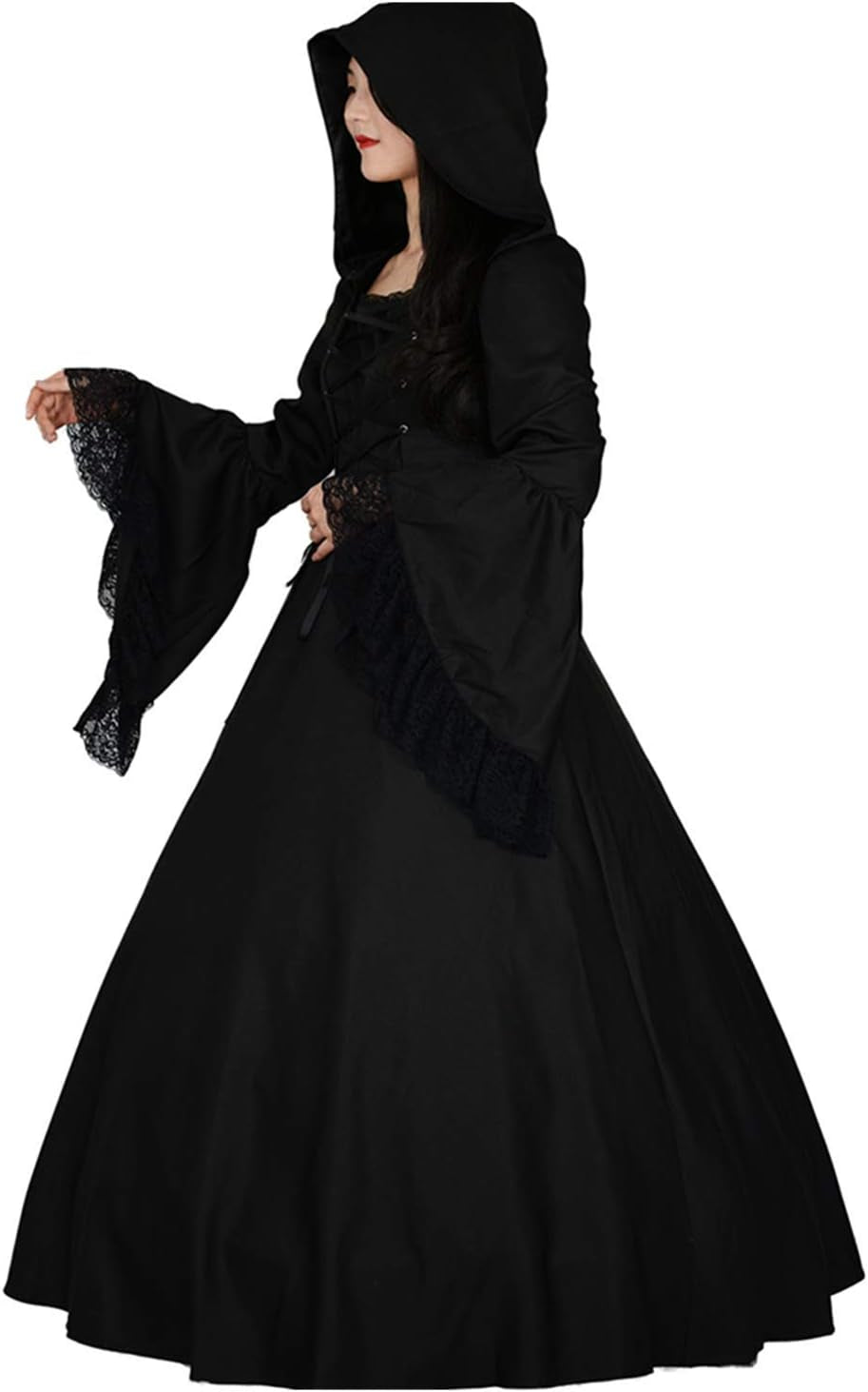 Women’S Black Gothic Hooded Witch Dress Medieval Renaissance Halloween Vampire Cosplay Costume Victorian Ball Gown Dress 2XL