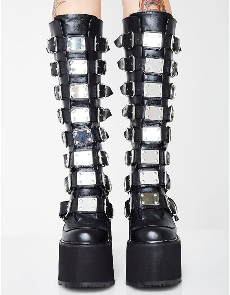 Women'S Punk Goth Platform Boots Buckle Straps Back Zipper Gothic Boots Ladies Rivets Metal Decoration Long Boots Knee High Tall Boots Combat Boots