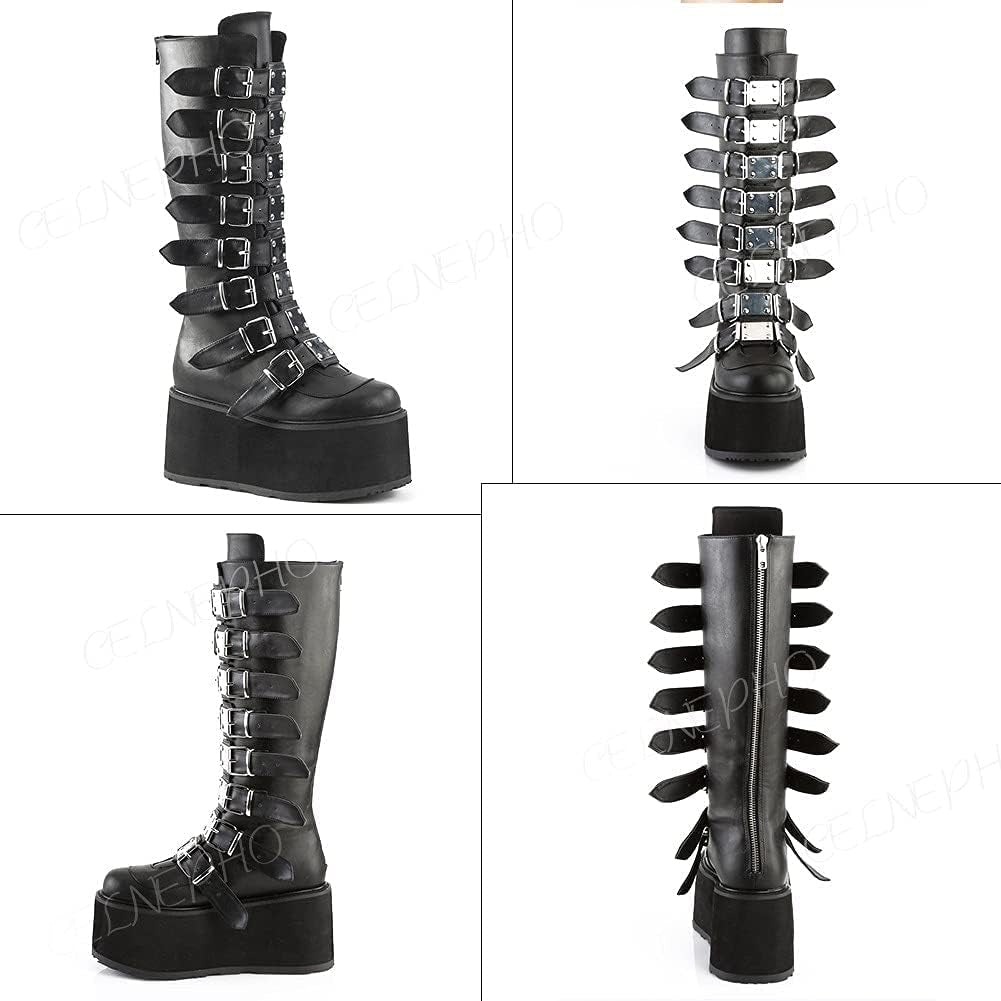 Womens Chunky Platform Knee High Boots High Heel Round-Toe Zip Punk Goth Mid Calf Combat Boots for Women…