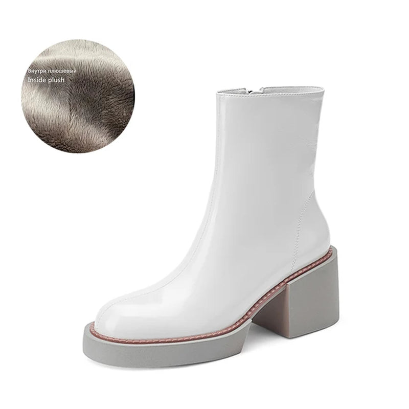 2024 White Winter Women Shoes Genuine Leather Women Boots Platform Chunky Boots Women Solid Women Shoes High Heel Boots