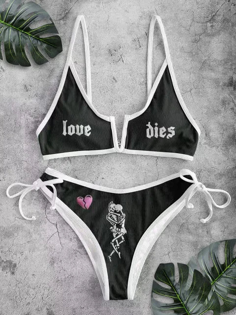 High Waist Sleeveless Gothic Emo Swimsuit Strap Beachwear Sexy Goth Women Two-Piece Skull Print Bikini Suit Split Bathing Suit