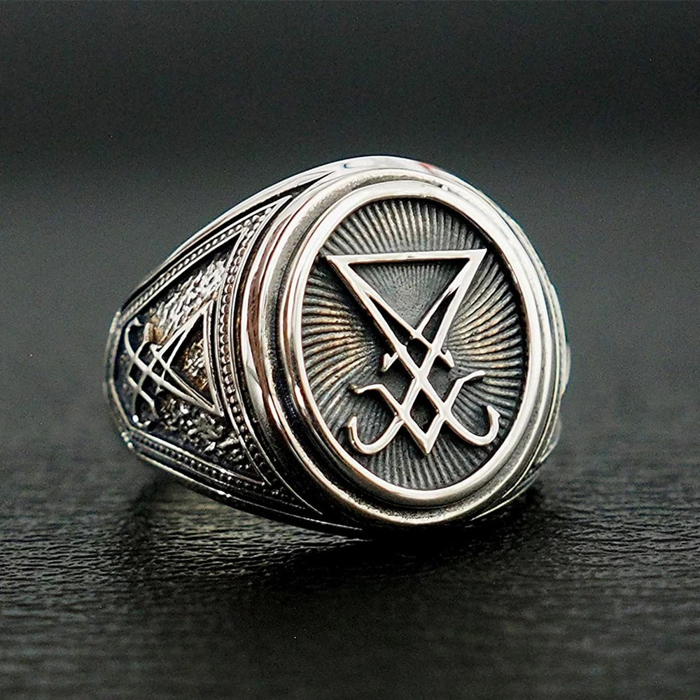 Gothic Lucifer Satan Signet Rings Punk Stainless Steel Seal Rings Men and Women Pagan Jewelry Gift