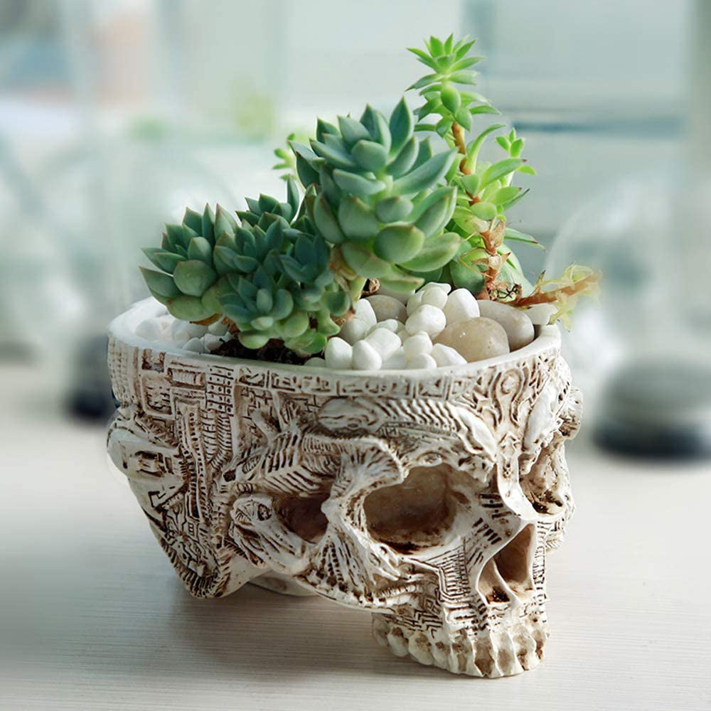 Skull Planter Suger Holder Resin Flower Succulents Pot Skeleton Flowerpot Candy Bowl Halloween Dish Statue Sculpture Skeleton Indoor Outdoor Decoration