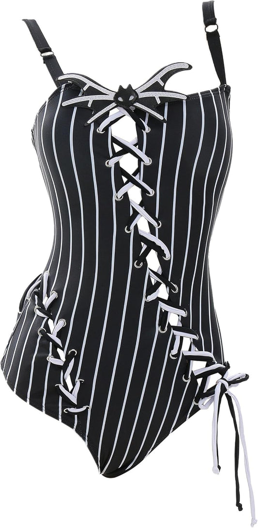 MEOWCOS Women'S One Piece Swimsuits Gothic Black and White Striped Decoration Bathing Suit with Accessories