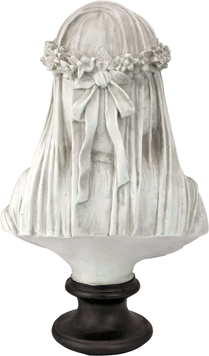 Veiled Maiden Indoor Bust Statue, 9 Inches Wide, 14 Inches Tall, Handcast Polyresin, Antiqued White Finish with a Black Painted Base