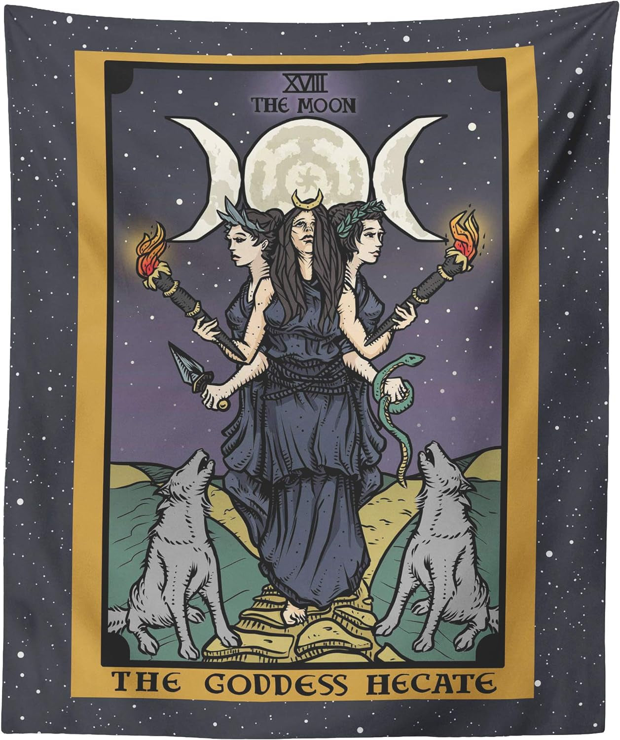 The Goddess Hecate Tarot Card Tapestry - Triple Moon Goddess of Witchcraft Hekate Wheel Pagan Witch Wall Hanging (60" X 50")