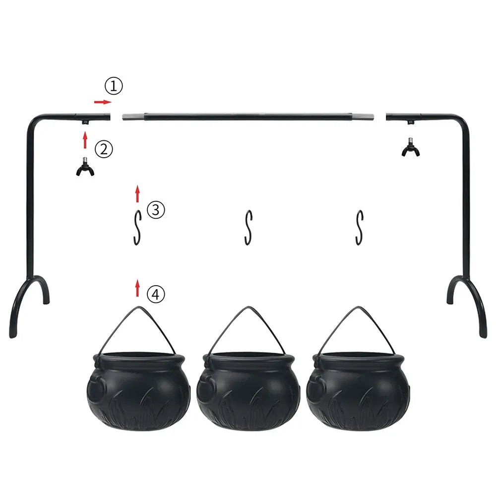 Set of 3 Witches Cauldron Serving Bowls on Rack - Black Plastic Witches Candy Bucket Cauldron for Halloween Party Decoration