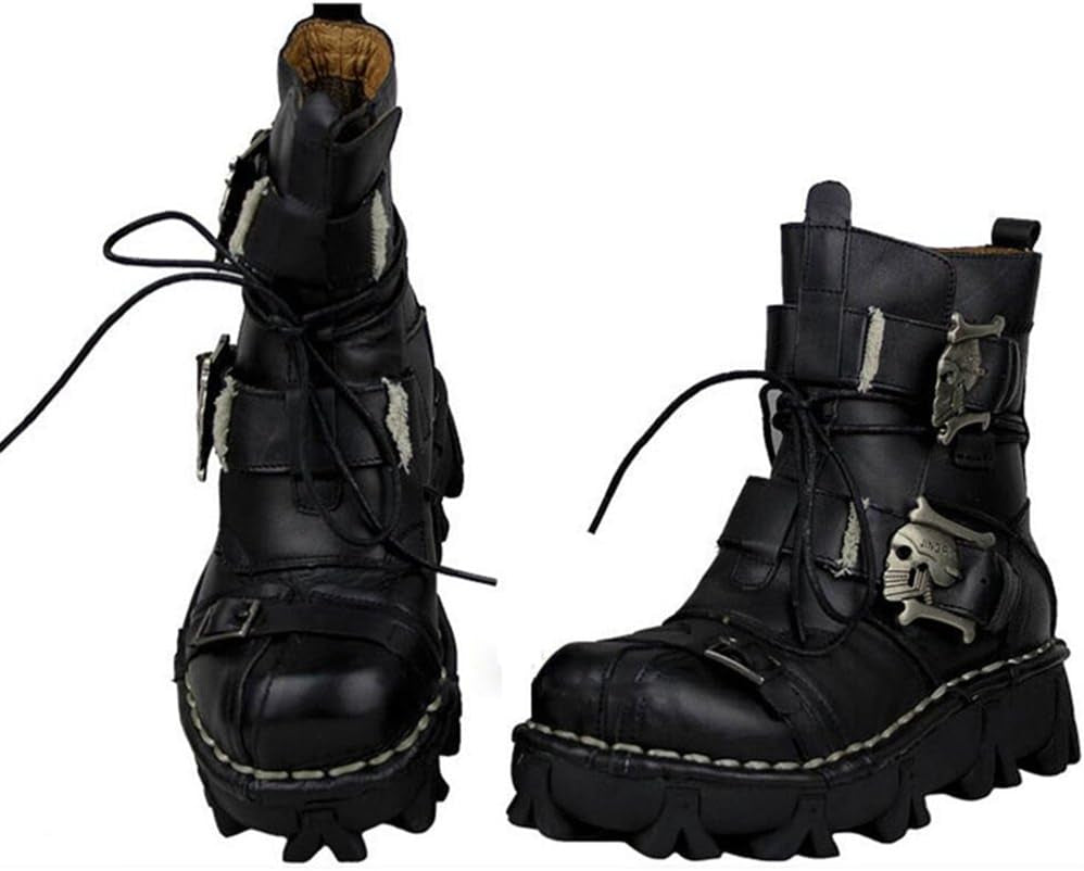 Mens Black Genuine Leather Military Army Boots Gothic Skull Punk Motorcycle Boots