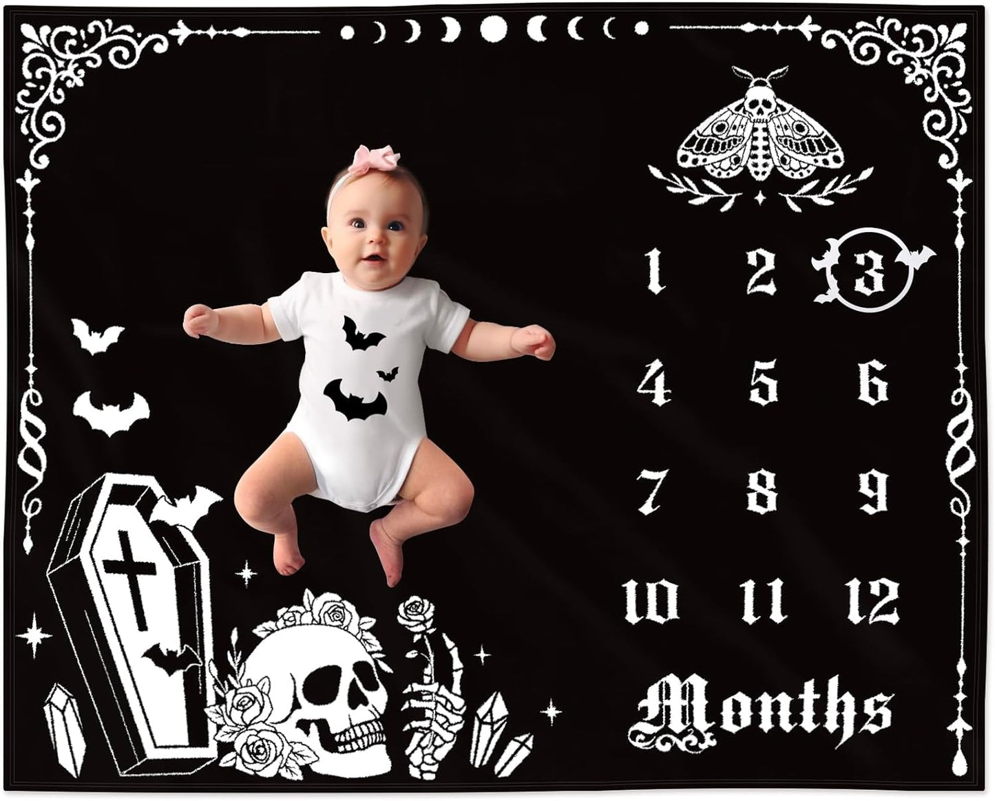 Gothic Baby Monthly Milestone Blanket, Goth Girl Boy Baby Shower Growth Chart Photo Prop Stuff Background for Newborn Mom Moth Nursery Bat Halloween Decorations 40" X 50"