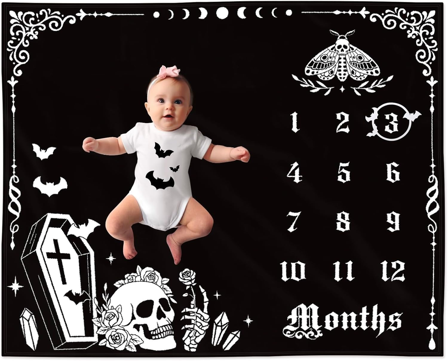 Gothic Baby Monthly Milestone Blanket, Goth Girl Boy Baby Shower Growth Chart Photo Prop Stuff Background for Newborn Mom Moth Nursery Bat Halloween Decorations 40" X 50"