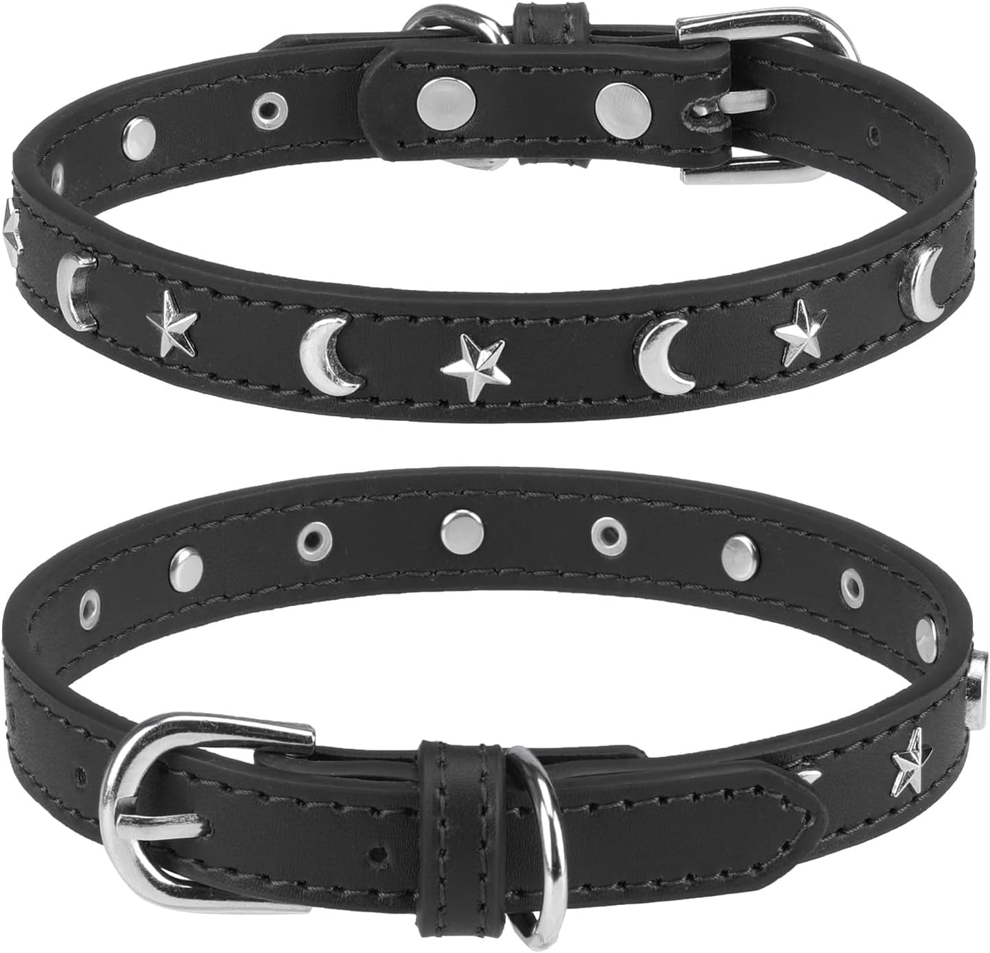 Leather Dog Collar for Puppy Small Medium Dogs, Adjustable Star and Moon Studded Pet Collars with Rust-Proof Metal Buckle and Charms, XS S Dog Collars for Boy and Girls, Size 8-11" Black