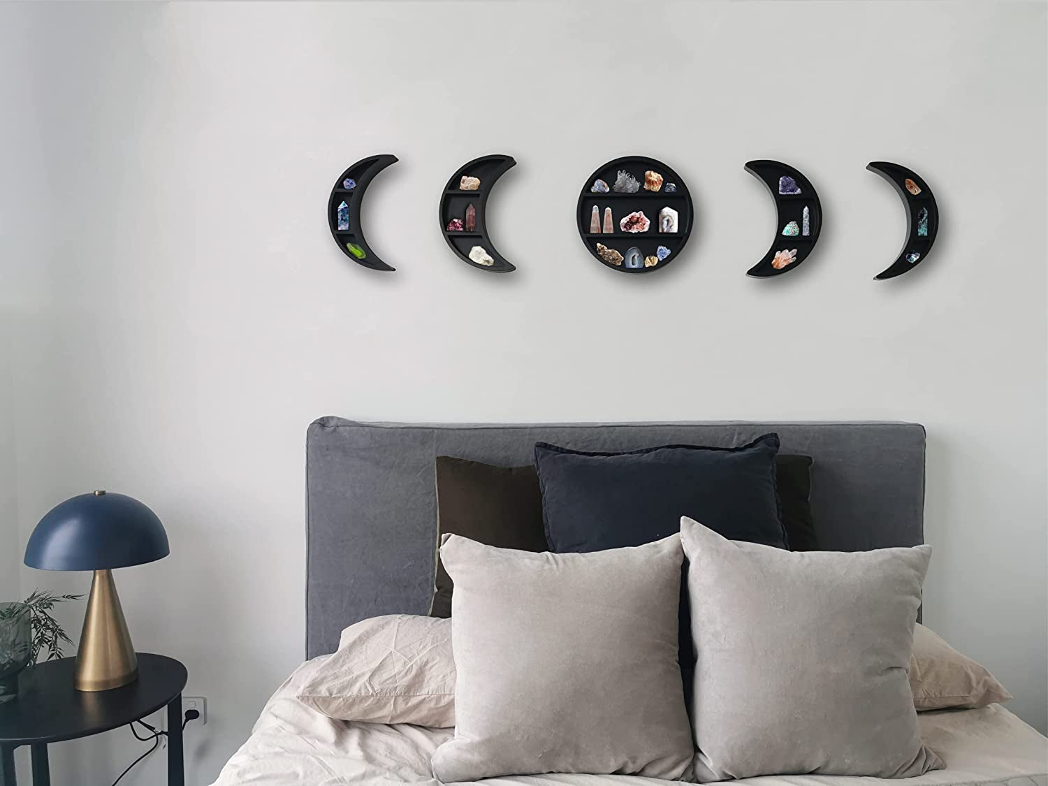 5 Pieces 12.2" Moon Phase Shelf Set - Phases of the Moon Wall Decor - Crescent Moon Shelf for Crystals - Moon Phase Wall Decor Crystal Shelf Display - above Bed Wall Decor Bedroom Storage (Black)