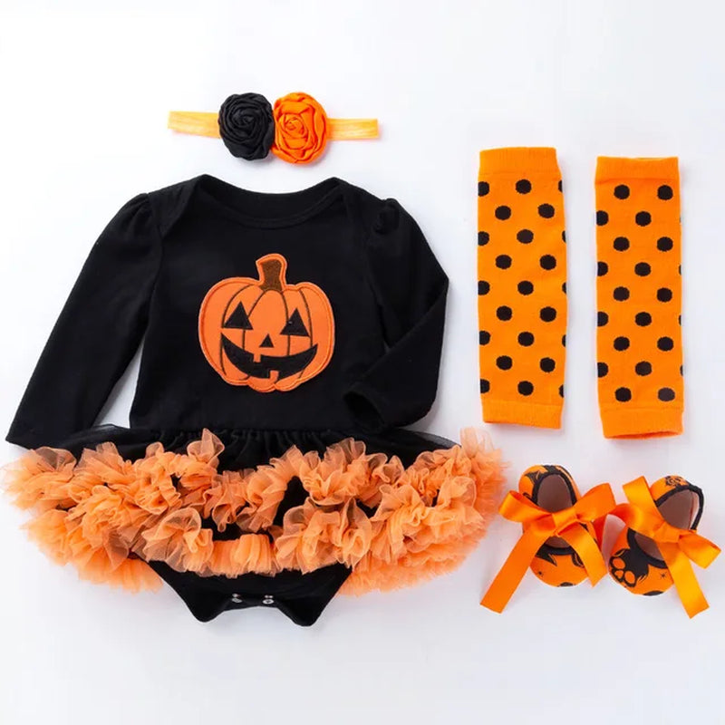 Halloween Baby Costume Girls Rompers Dresses Newborn Pumpkin Black Jumpsuits Dress Infant Cartoon Printed Children Party Outfit