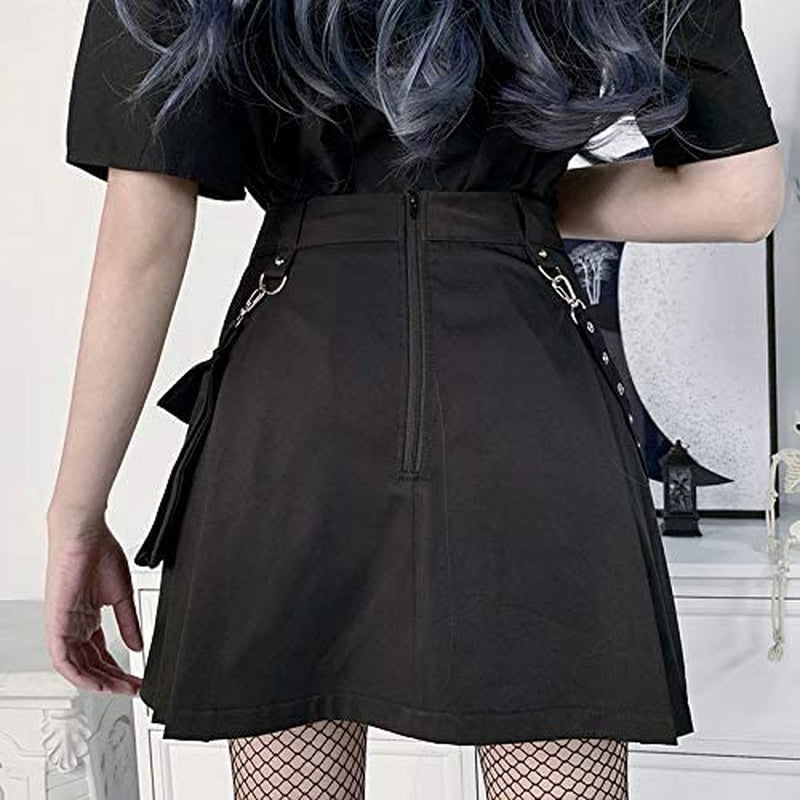 Goth Black Pleated Mini Skirt with Chain High Waisted Tennis Skirt