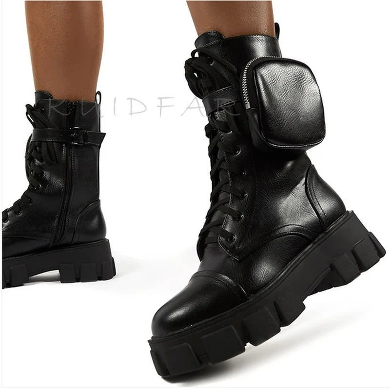 Women Boots Fashion Chunky Boots with Pocket Platform Boots Women Lace up Ankle Boots Female Punk Sole Pouch Heels Botas Mujer