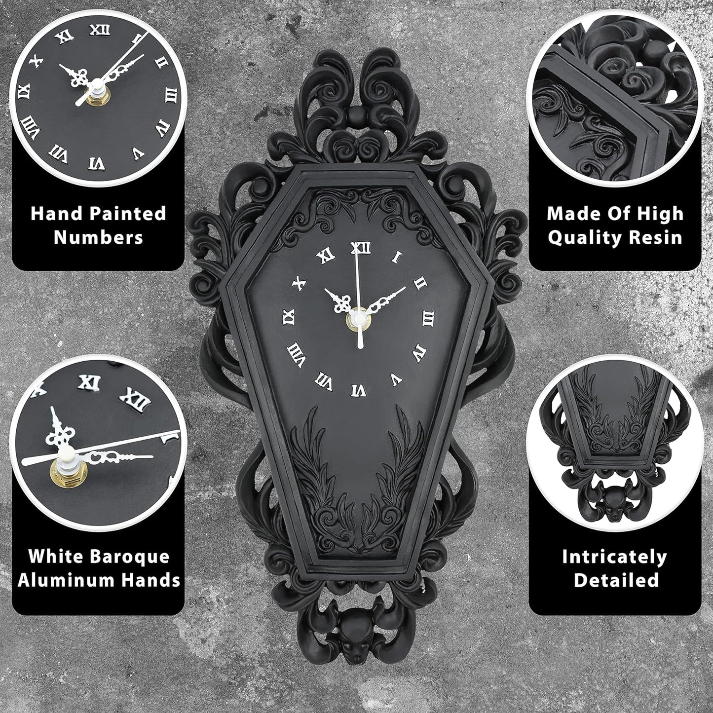 Coffin Wall Clock - Gothic Home Decor - Baroque Black Resin - Steampunk Skull - Medium Size - AA Battery NOT Included