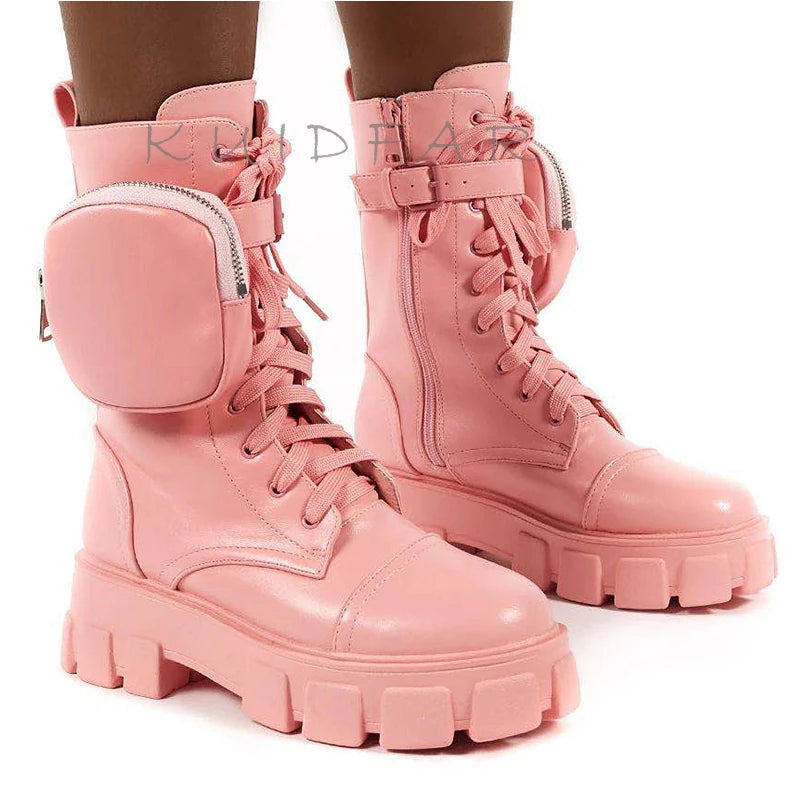 Women Boots Fashion Chunky Boots with Pocket Platform Boots Women Lace up Ankle Boots Female Punk Sole Pouch Heels Botas Mujer