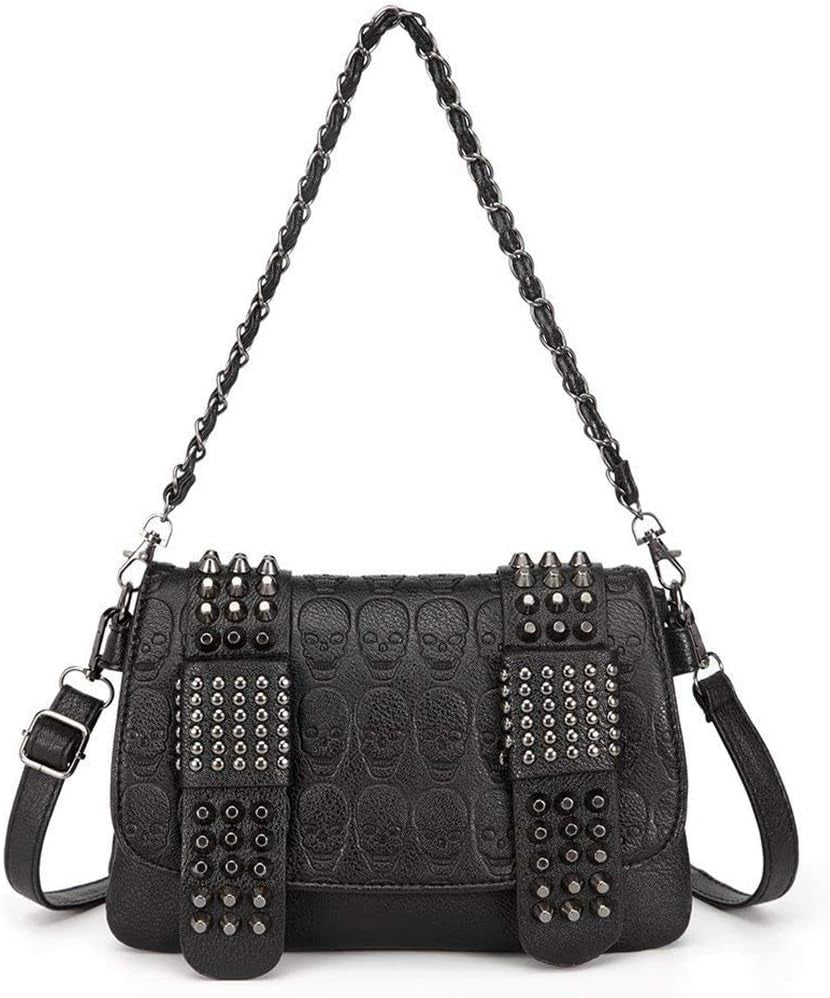 Women Punk Skull Shoulder Top-Handle Bag Goth Rivet Purse Handbag PU Leather Chain Satchel Tote Black