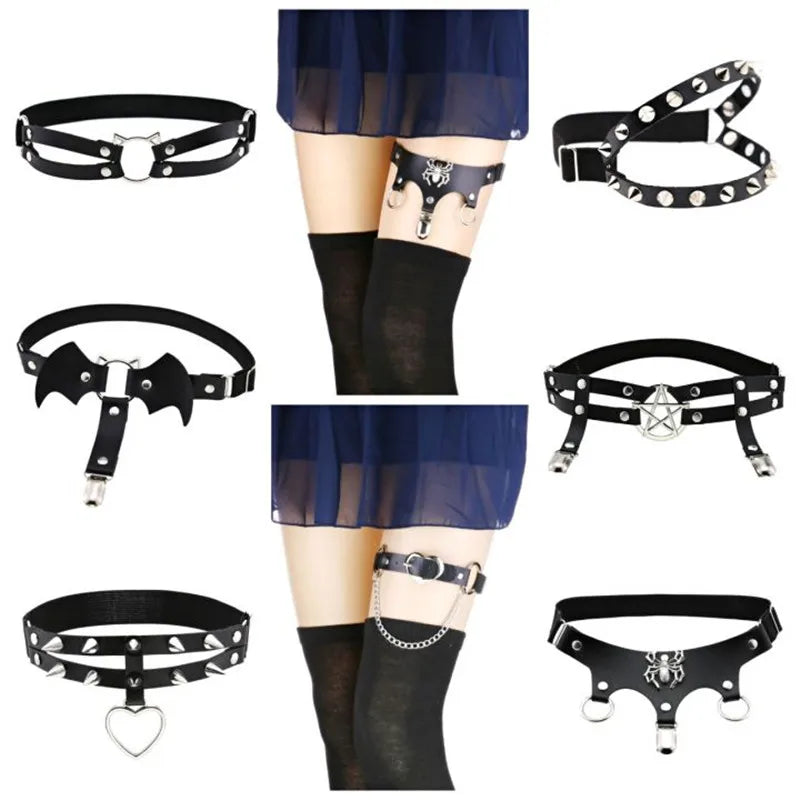 Sexy Women Punk Black Goth Leather Leg Chain Geometry Metal Rock Leg Garter Sock Elastic Harness Jewelry Party Wear Accessories