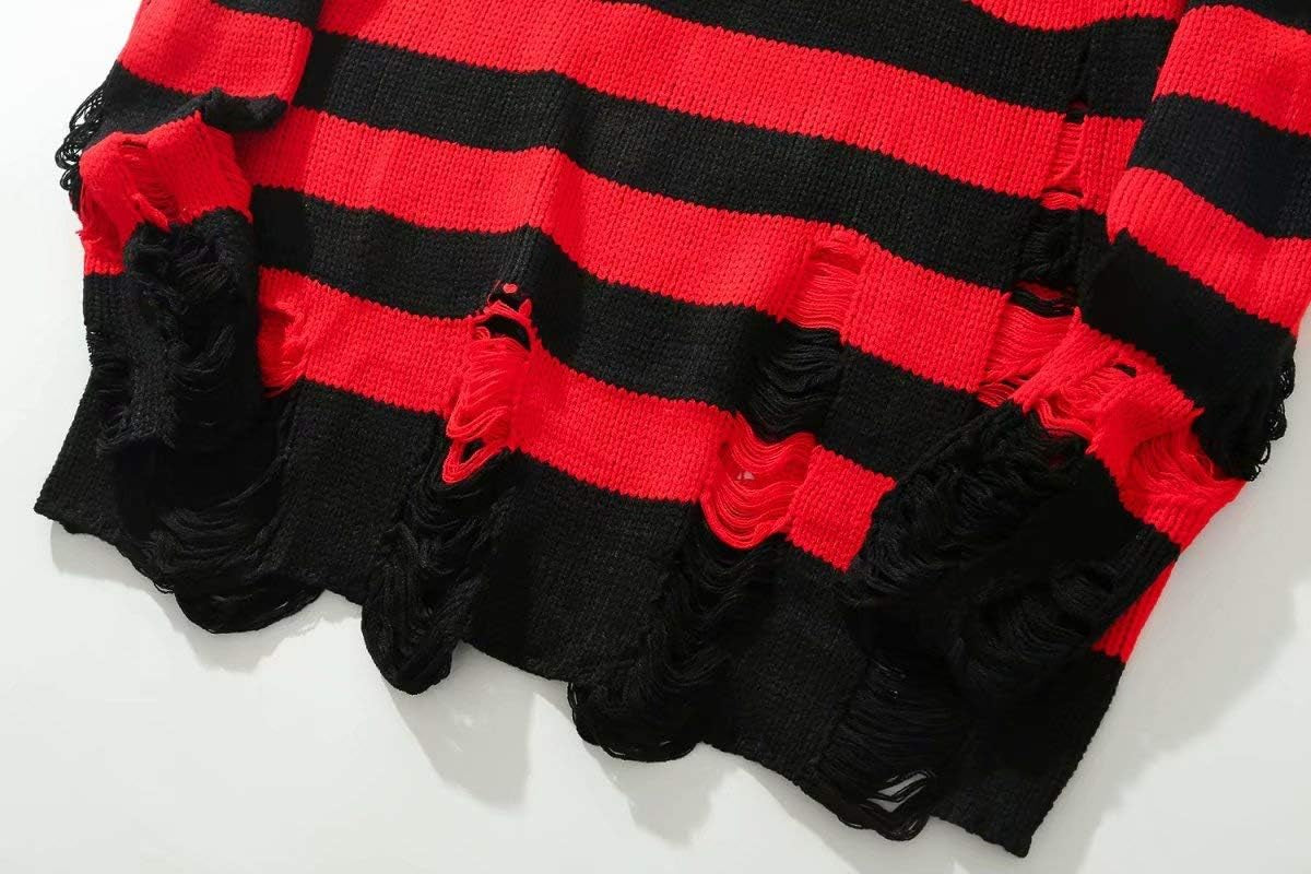 Black Red Striped Sweaters Men Oversized Ripped Hole Knit Pullover Autumn Winter Fashion Long Sleeve Clothing