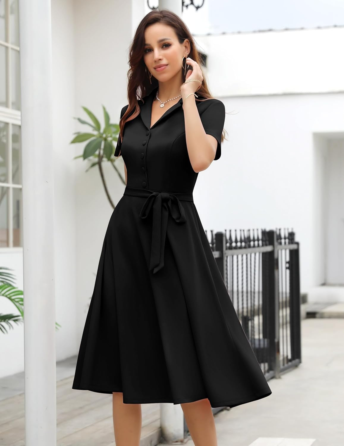 Women'S Vintage Tea Dress, Short Sleeve Cocktail Party Dress Work Church Casual Dress