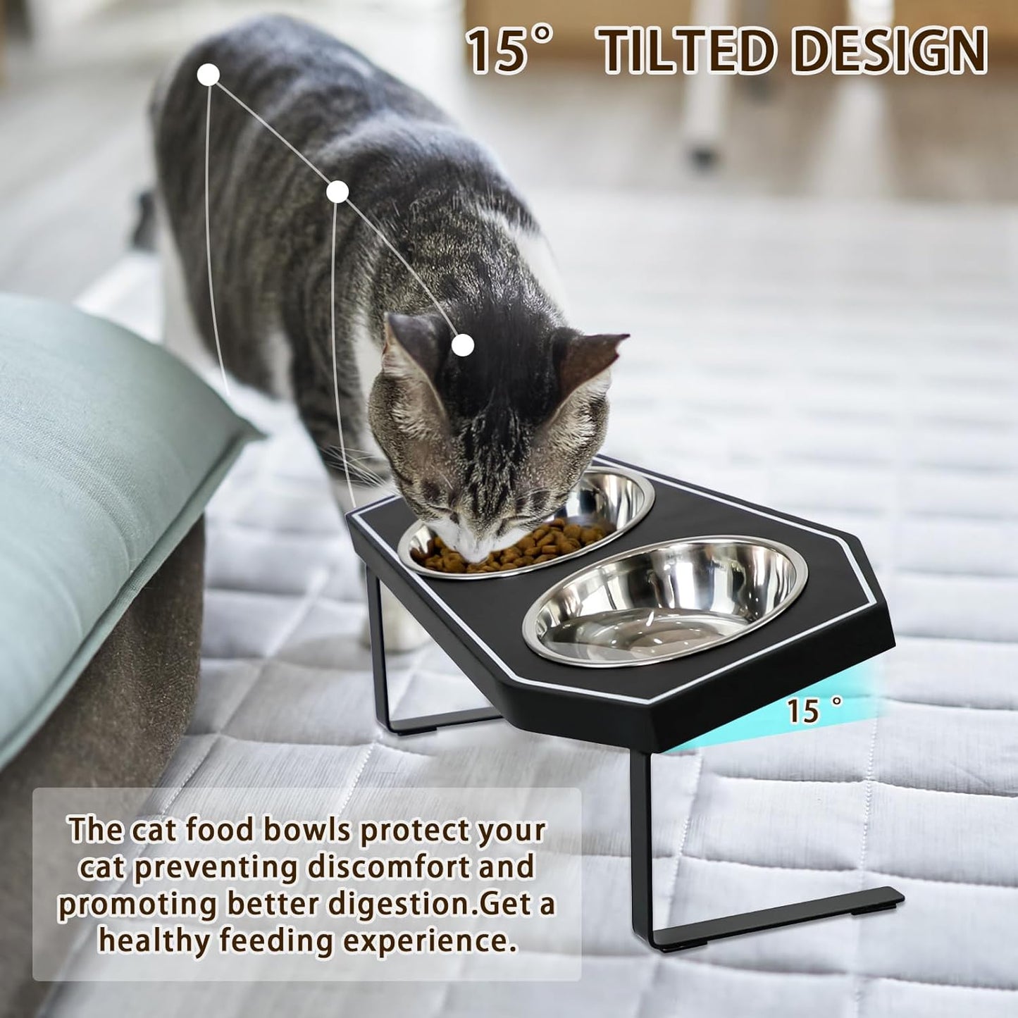 Cat Food Bowls Elevated, Gothic Cat Bowls, Raised Cat Bowls for Indoor Cats with Non-Slip Stand & Wood Board, Stainless Steel and Whisker Friendly Food Bowls