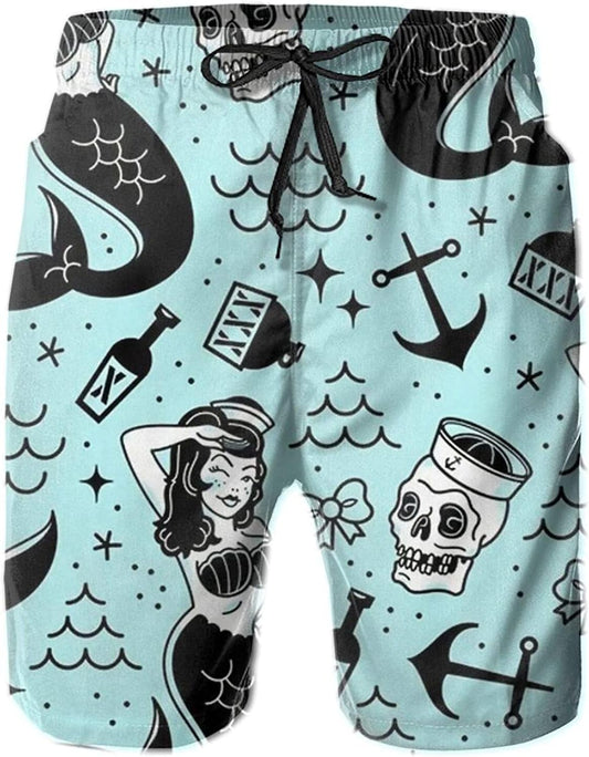 Mens Mermaid and Skull Swim Trunks Board Shorts Beach Swimwear Bathing Suit with Mesh Lined and Pockets