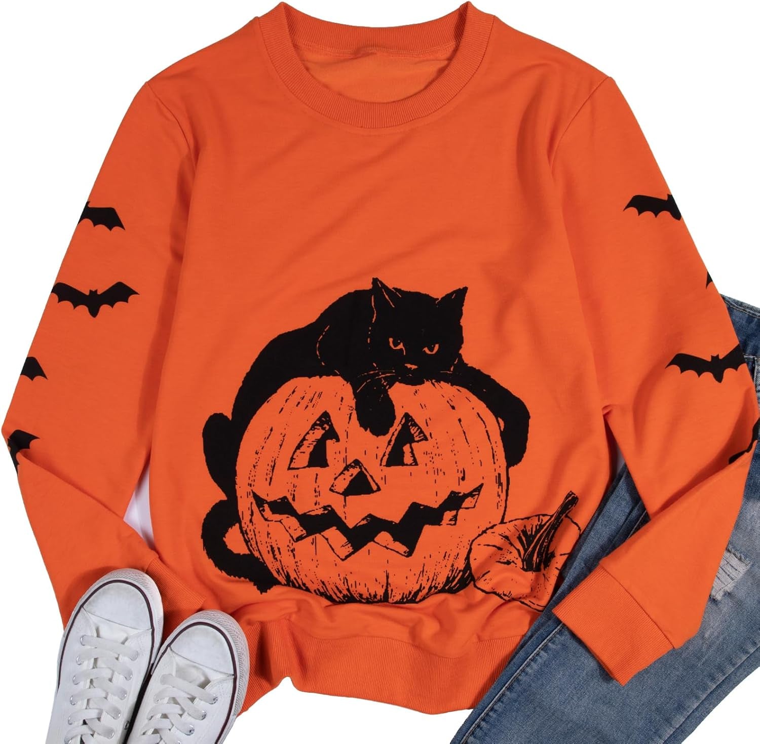 Black Cat on Pumpkin Sweatshirt Halloween Sweatshirts for Women Fall Pumpkin Face Tee Lightweight Pullover Tops