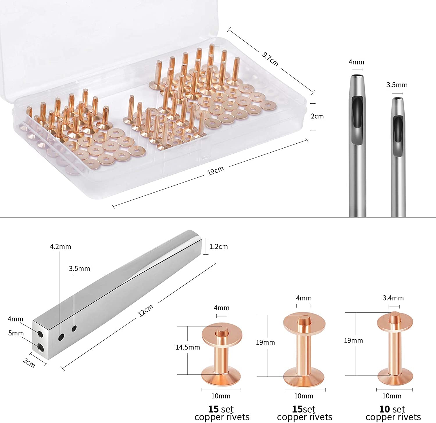 84Pcs, Copper Rivets and Burrs, 9 and #12 Burrs Setter, Leather Rivets Fastener Install Setting Tool with 4Mm Leather Hole Punch Cutter for Belts Wallets Collars Leather Working Supplies