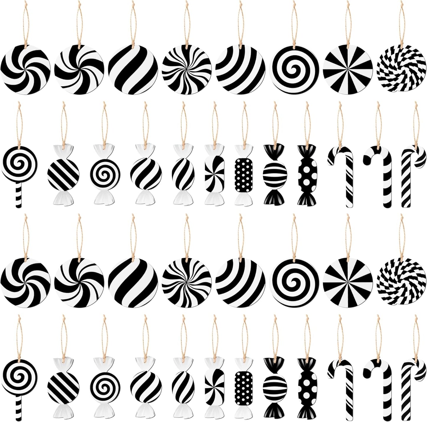 41Pcs Christmas Black White Candy Cane Sugar Wooden Hanging Decoration, Xmas Tree Peppermint Lollipop Ornament Set, Wood Craft Decor Winter Holiday Christmas Party Supplies for Home Fireplaces