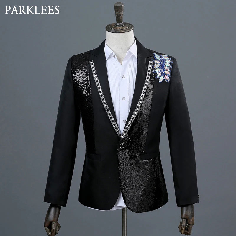 Men Double-Side 3D Crystal Embroidery Flower Mens Suit Set Stage Singer Nightclub Suit Jacket Men Suit for Wedding Costume Homme