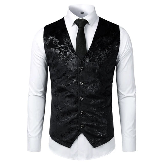 Mens Red Paisley Bronzing Vest Single Breasted V-Neck Wedding Suit Vests Men Gothic Aristocrat Steampunk Victorian Gilet Homme