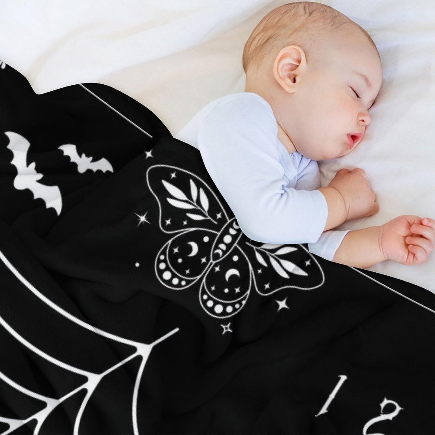 Gothic Baby Monthly Milestone Blanket for Boys, Goth Newborn Month Blanket, Soft Flannel Photography Background Prop Blanket, Moth Bat Halloween Personalized Shower Gift, Gothic