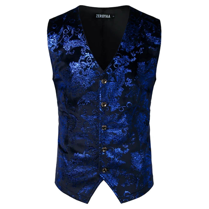 Mens Red Paisley Bronzing Vest Single Breasted V-Neck Wedding Suit Vests Men Gothic Aristocrat Steampunk Victorian Gilet Homme