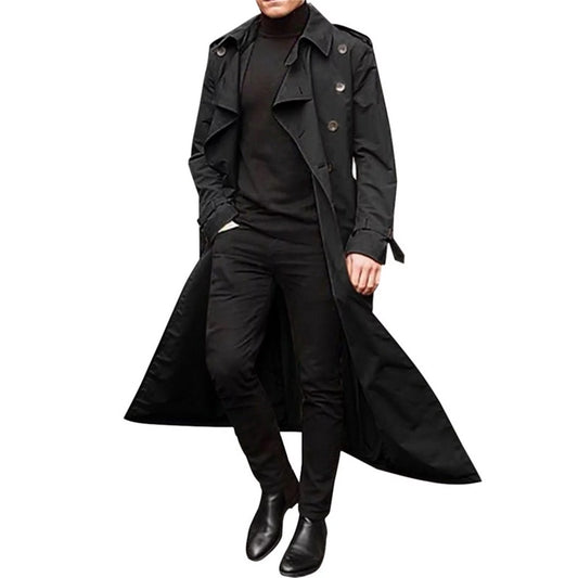 Men'S Trench Coat Slim Fit Double Breasted Belted Windbreaker Lapel Long Jacket Casual Windproof Overcoat