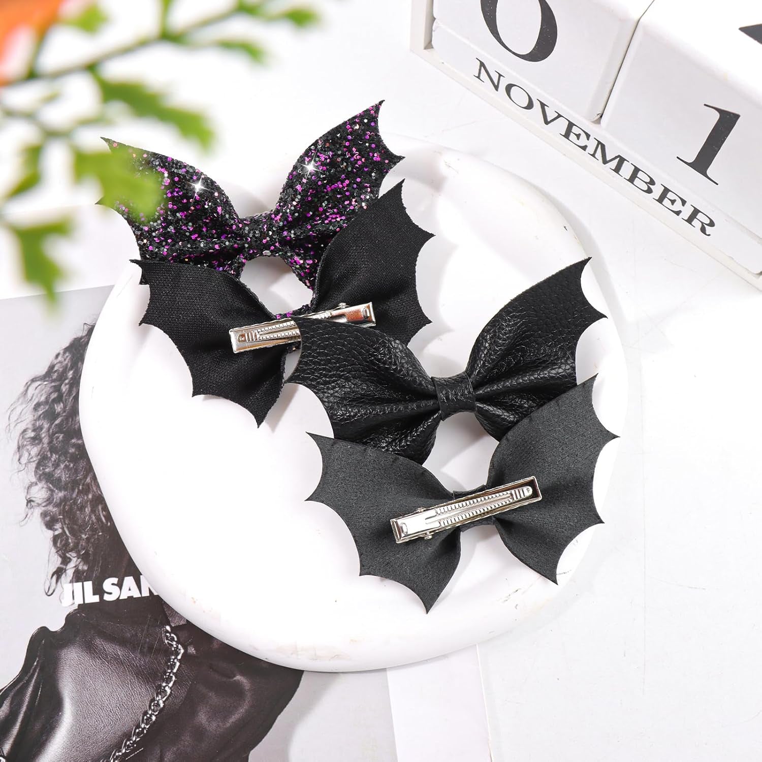 Bat Hair Bow Clips for Girls Halloween Goth Black Bat Hair Clips Alligator PU Leather Baby Girl Toddler Halloween Bat Hair Clip Infant Cosplay Costume Hair Accessories