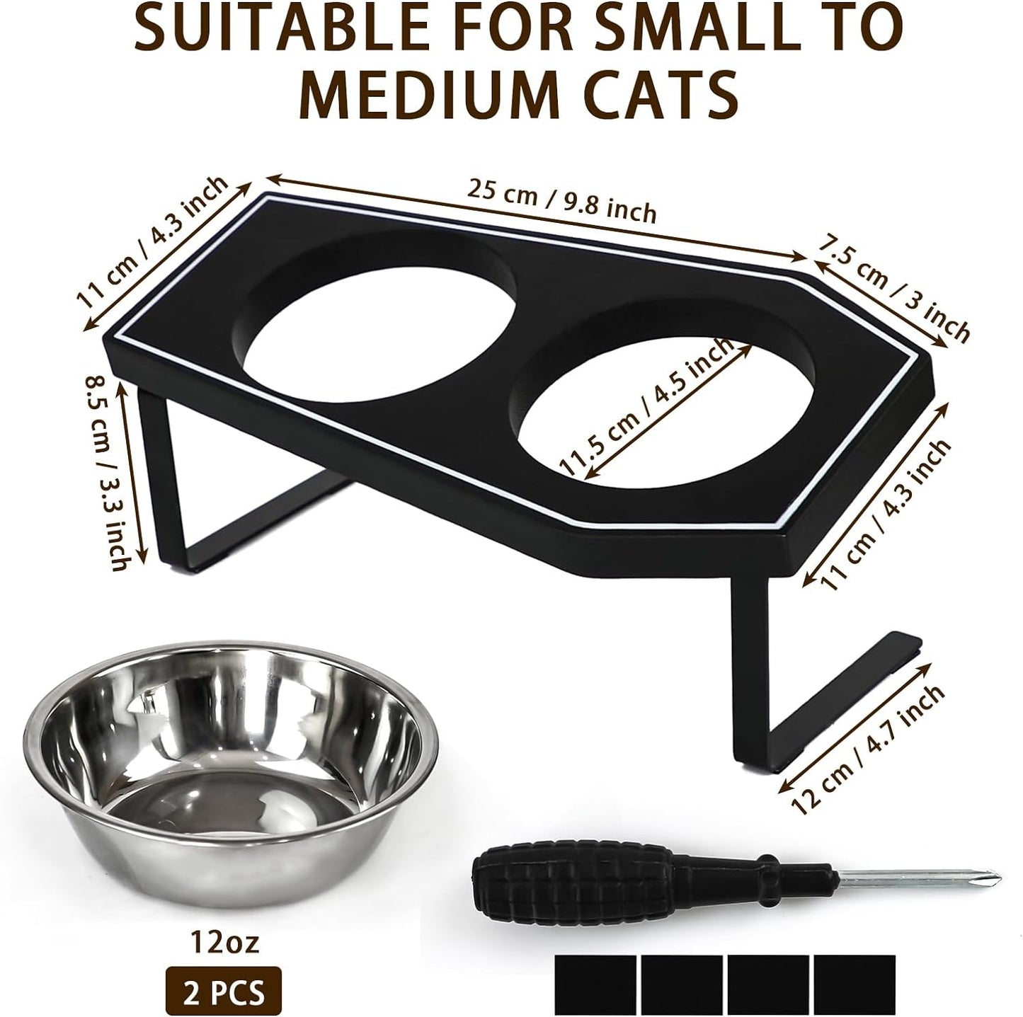 Cat Food Bowls Elevated, Gothic Cat Bowls, Raised Cat Bowls for Indoor Cats with Non-Slip Stand & Wood Board, Stainless Steel and Whisker Friendly Food Bowls