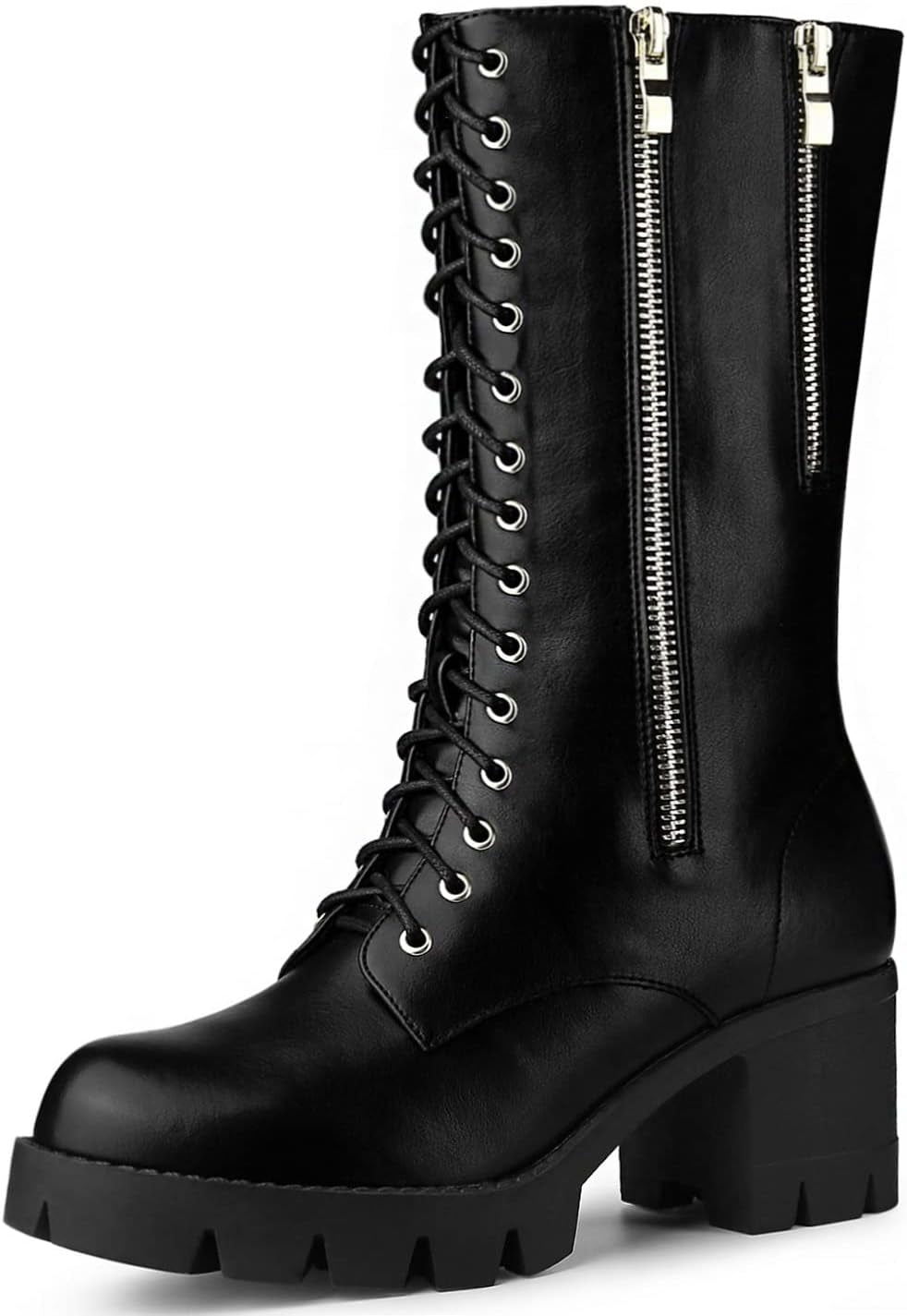 Women'S Lace up Platform Chunky Heel Mid Calf Combat Boots Halloween Boots